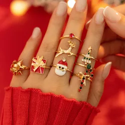 KunJoe 8pcs Cute Christmas Tree Snowman Elk Rings Set Women Creative Rhinestone Gold Color Finger Rings Jewelry Gift Accessories