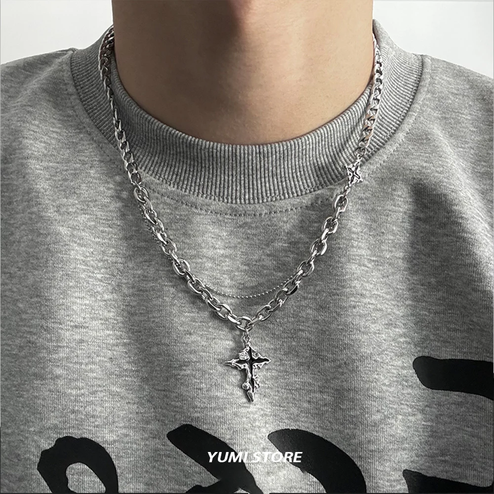 Punk Black Flame Cross Necklace For Men Women Trend Titanium Steel Chain Sweater Pendant Hip Hop Jewelry Cool Kpop Accessories