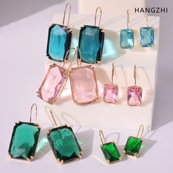 HANGZHI Trendy Colorful Crystal Drop Earrings Geometric Rectangle Glass Exaggerated Earrings for Women Dinner Party Jewelry Gift