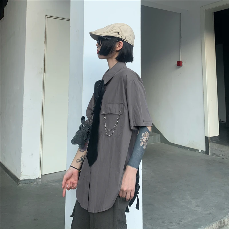 قميص نسائي طويل الأكمام قابل للارتداء بطريقتين، تصميم فضفاض على الطراز الهونغ كونغي، أزياء الشارع بلون واحد، ياقة بولو بأزرار... #3