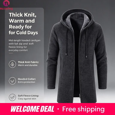 Cárdigan de punto con capucha y forro polar para hombre, abrigo de punto largo con cremallera completa, de longitud media, cálido, de manga larga, prenda de abrigo gruesa e informal para otoño e invierno.
