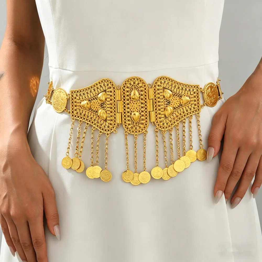 Gold Plated Turkish Kurdish Women's Belt with Arabic Middle East Currency Chain for Festival Wedding Clothing Jewelry Accessory