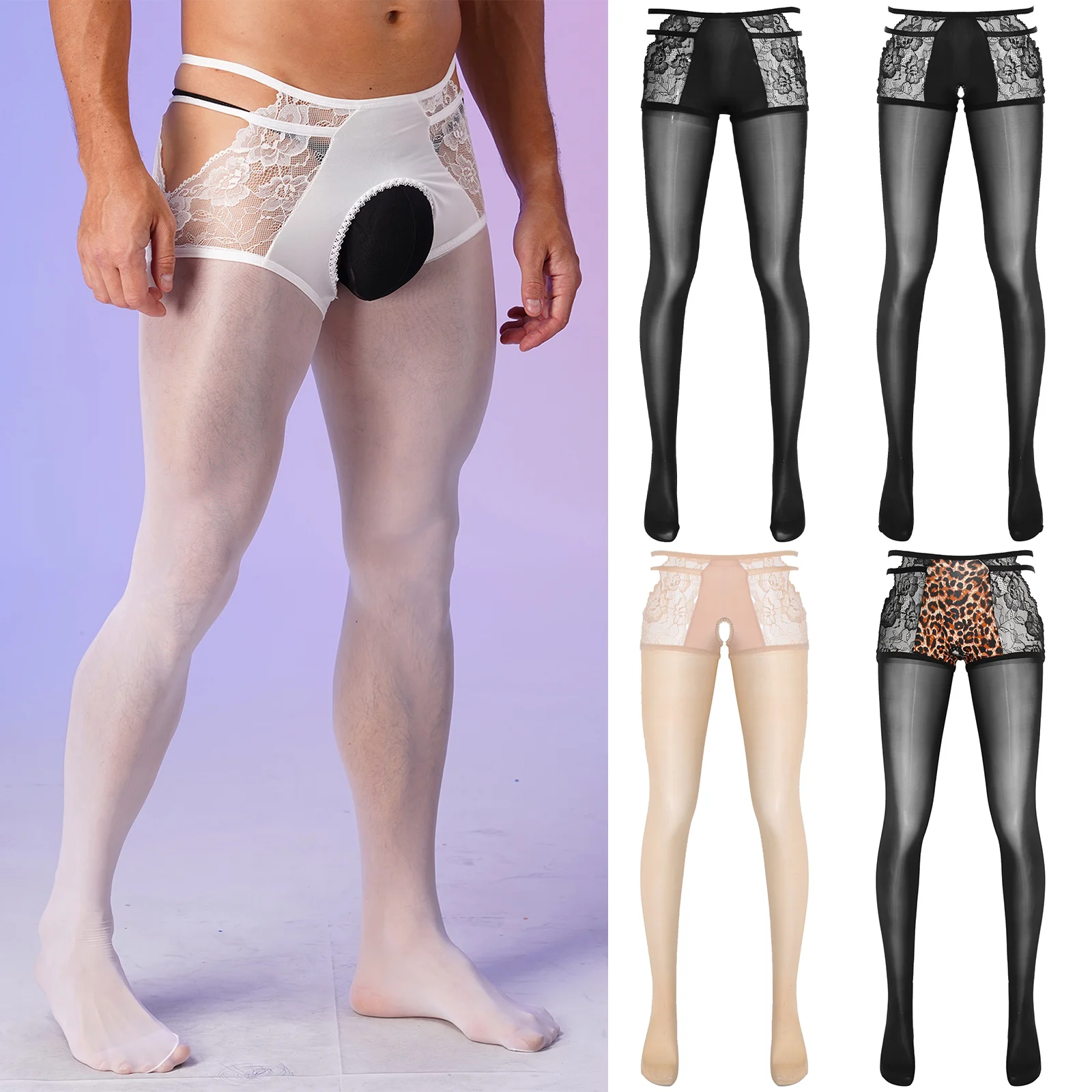 Pantimedias de lencería brillantes para hombre, medias con doble cintura, encaje Floral, calado, 8D, alta densidad, brillante, club nocturno