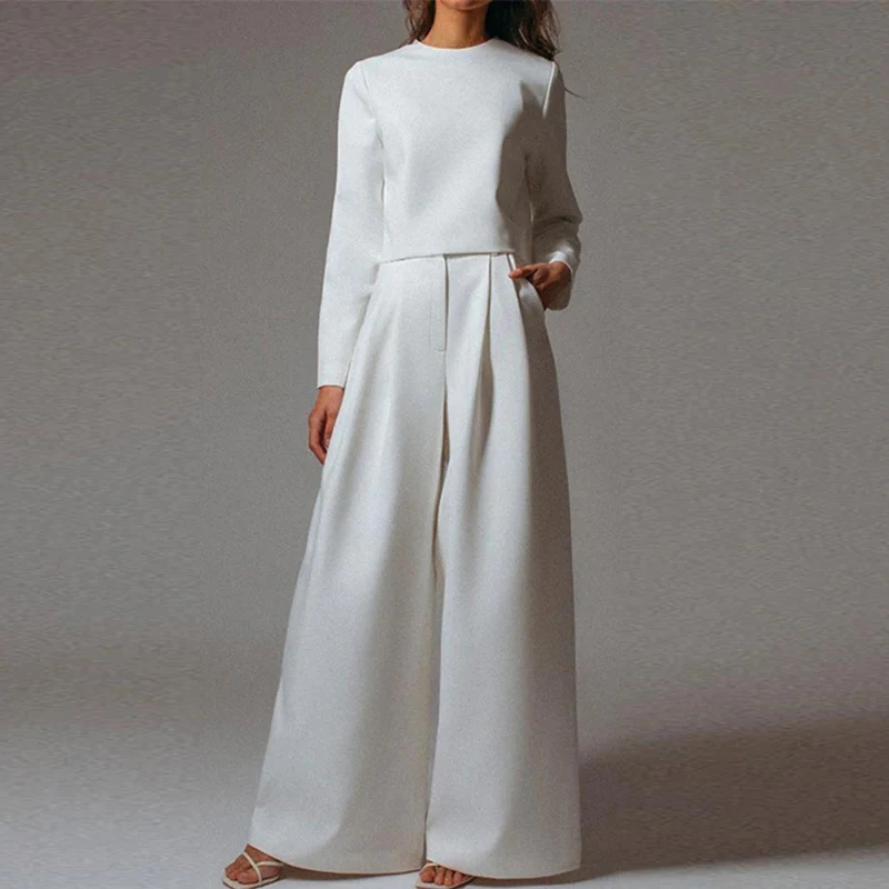 

New Solid Color Long Sleeve Short Tops+Wide Leg Pants Suit Fashion Commute High Waisted Two Piece Set Casual Simple Women Outfit