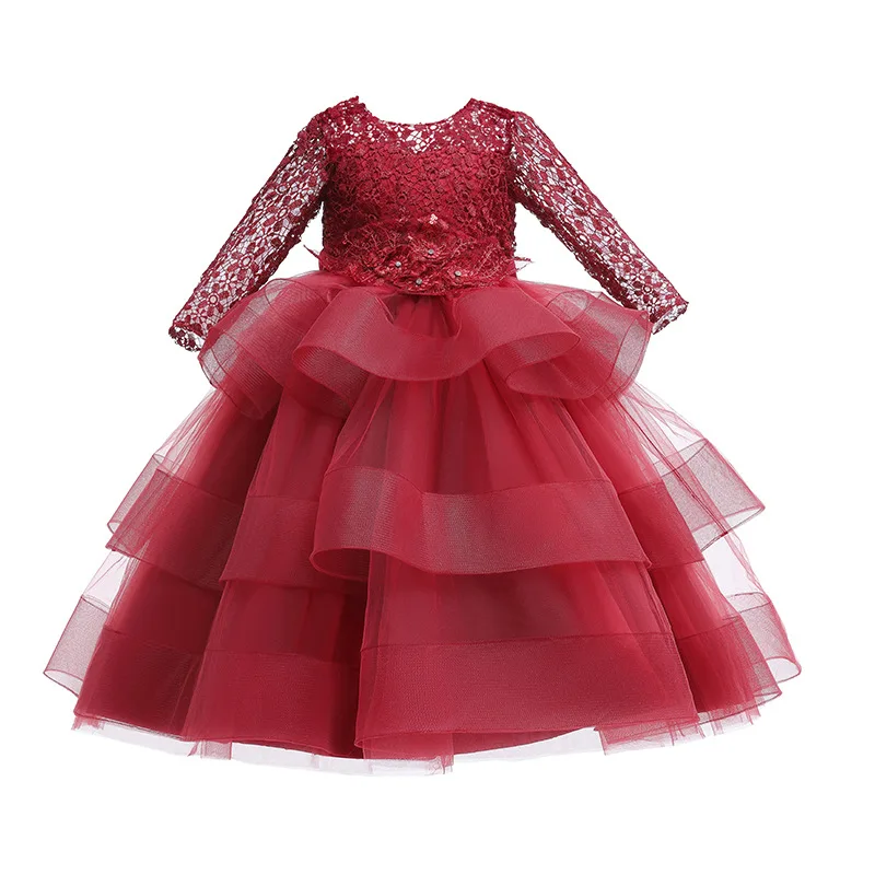 New Fashion Children Dress Girls Long Sleeve Sequin Children\'s Gauze Puffy Princess Piano Host Birthday Performance Dress