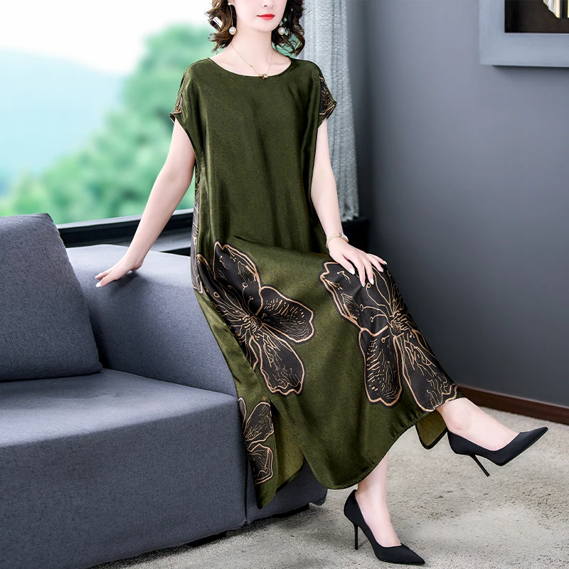 New Summer 2023 Silk Short Sleeves Flower Print Large Size Dress Bat Sleeves Retro Loose Large Knee Length Dress Women's Robe