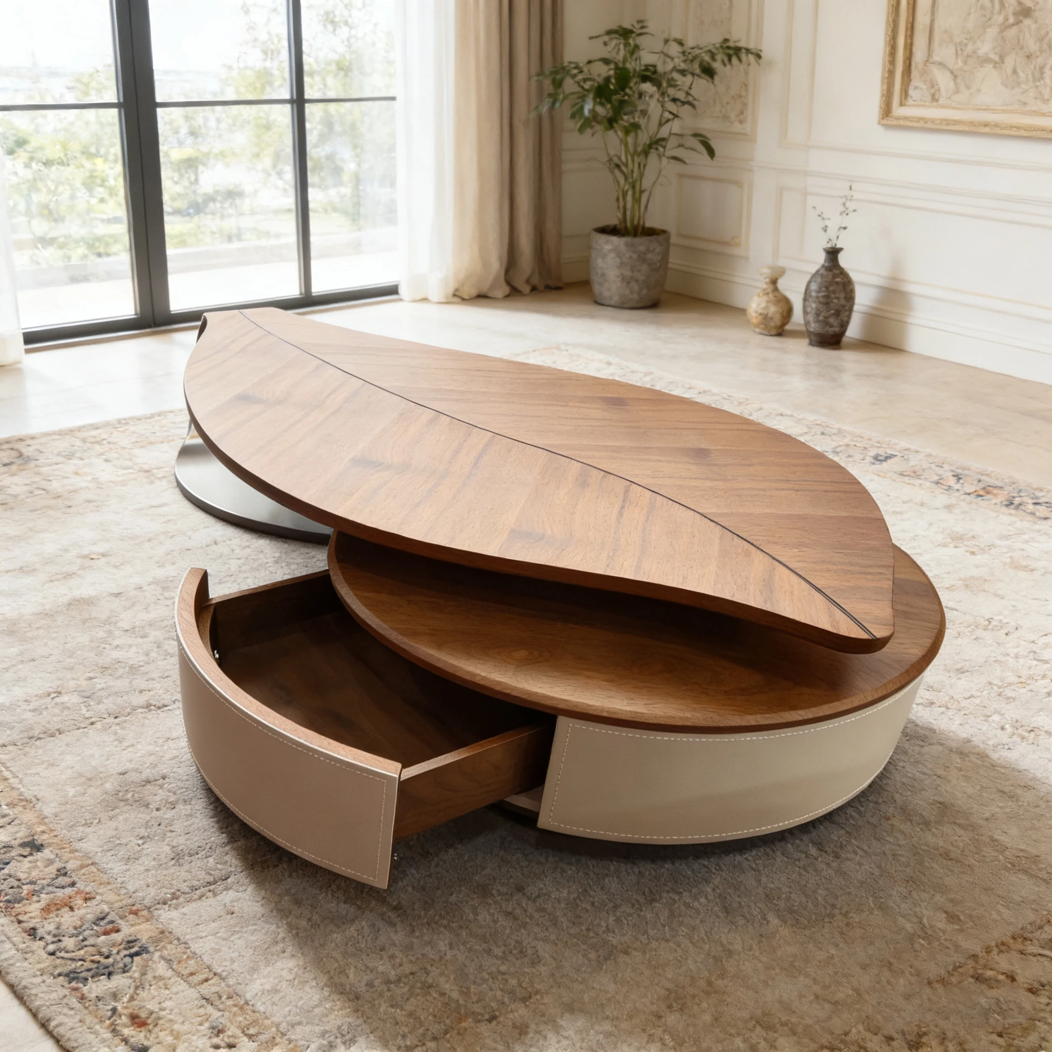 Creative Leaf Shape Solid Wood Coffee Table With Storage Drawer Modern Luxury Living Room Center Table