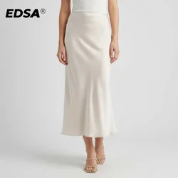 EDSA Women Satin Midi Skirt High Waist Straight Long Skirts Summer Bodycon Female Holiday Casual Streetwear