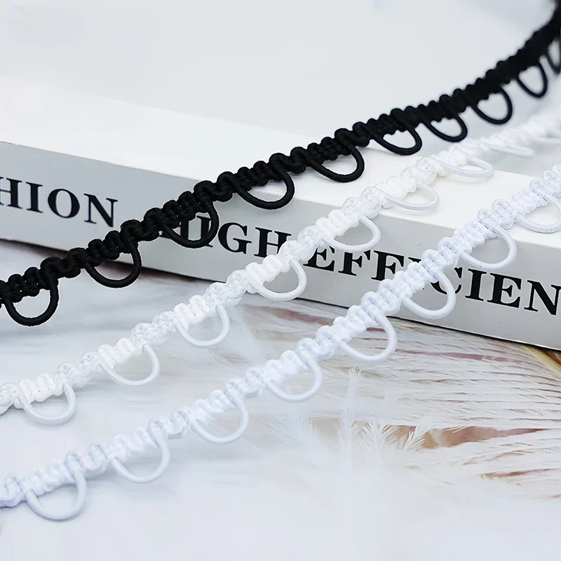 30/90 Yards Nylon Elastic Lace Ribbon Button Loop Trim U-shape Black White Wedding Dress DIY Clothes Sewing Accessories