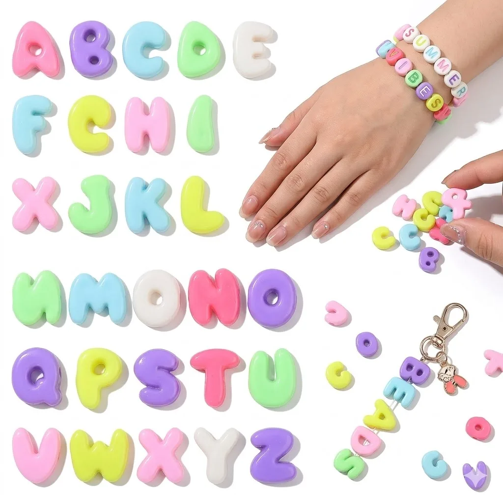 50 Stück Gemischte Farbige Buchstabenperlen A-Z 3D Acryl-Buchstabenperlen DIY 3D-Perlen für Schmuckherstellung Armbänder Schlüsselanhänger Bastelbedarf – Detail 1