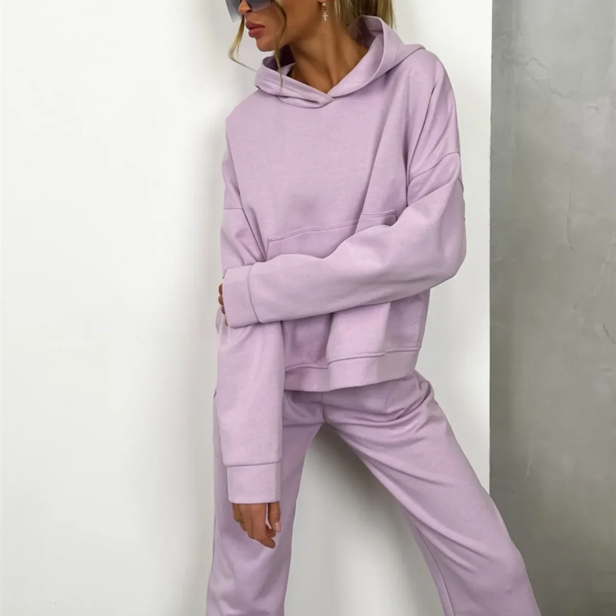 Women Two Piece Sets Hooded Loose Casual Tracksuit Sweatshirts Straight Long Pants Set Matching Sets Splice Autumn Winter