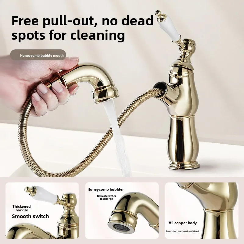French Pull-out Faucet Basin Faucets on Stage All-copper Wash Basin Hotel Bathroom Cabinet Ceramic Handle Hot and Cold Faucet