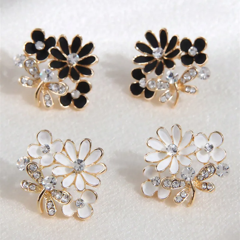 Kymyad Elegant Enamel Rhinestones Stud Earrings For Women Bijoux White and Black Butterfly Flower Earrings Fashion Jewelry