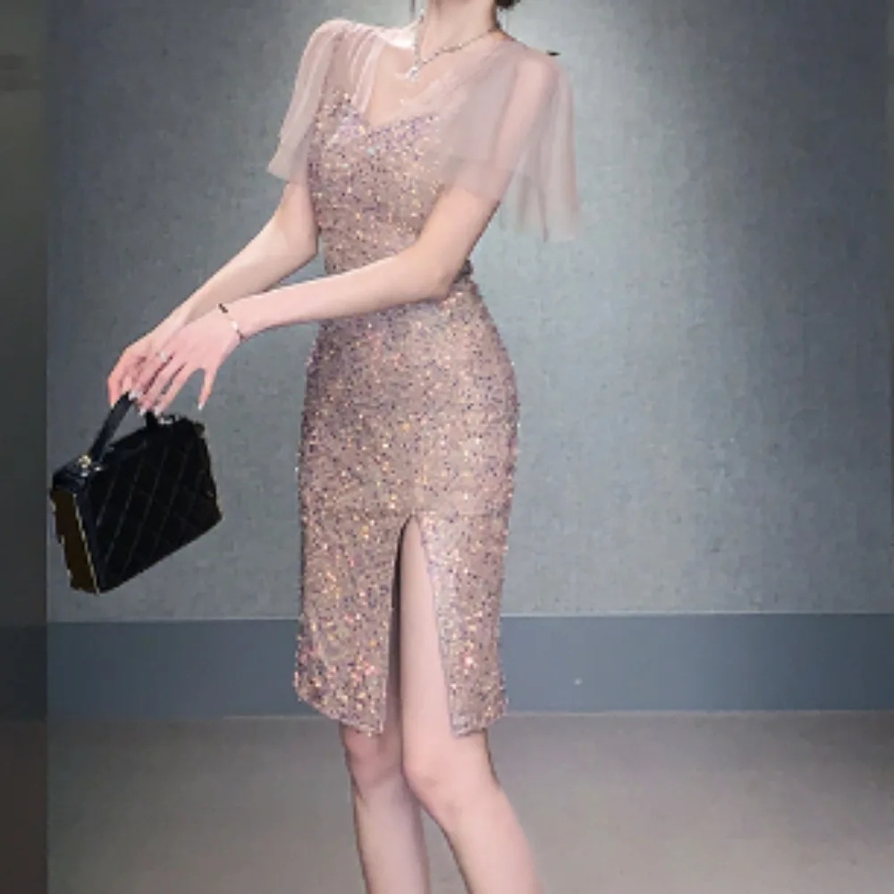 Women Chic Sequin Patchwork Slip Dress Sexy Backless Elegant Evening Party Robe Women Vintage Slim Split Ceremonial Dress