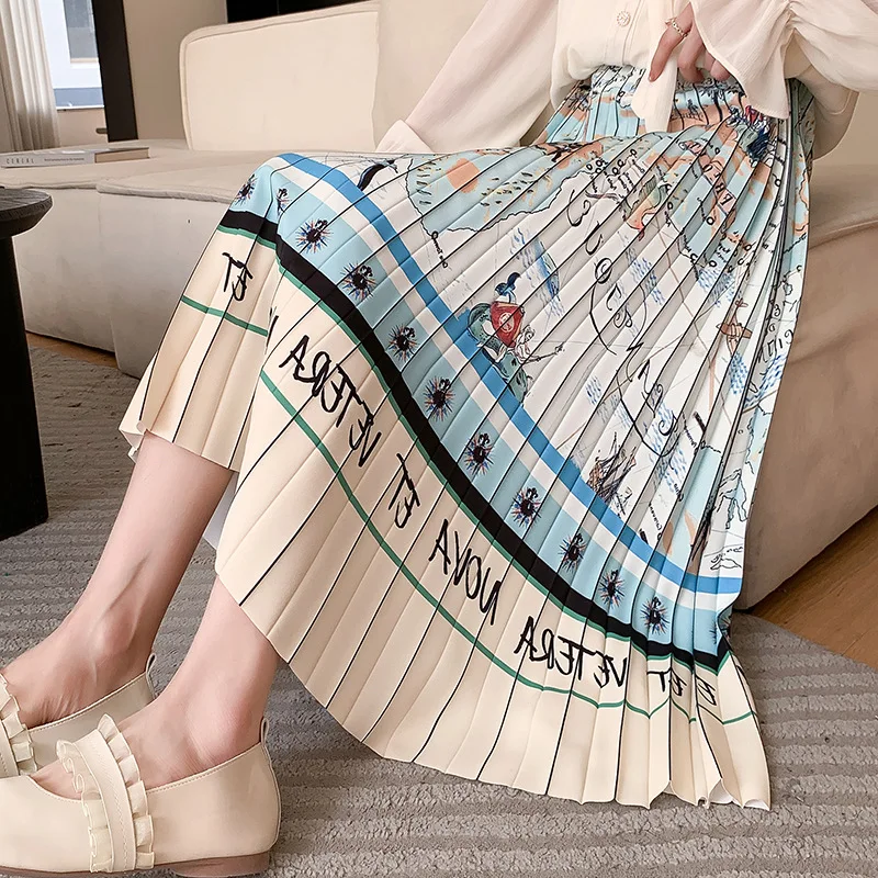 

Summer New Design Printed Mid length Skirt with High Waist, Slim Fit, Painting Pleated Half length Skirt for Women