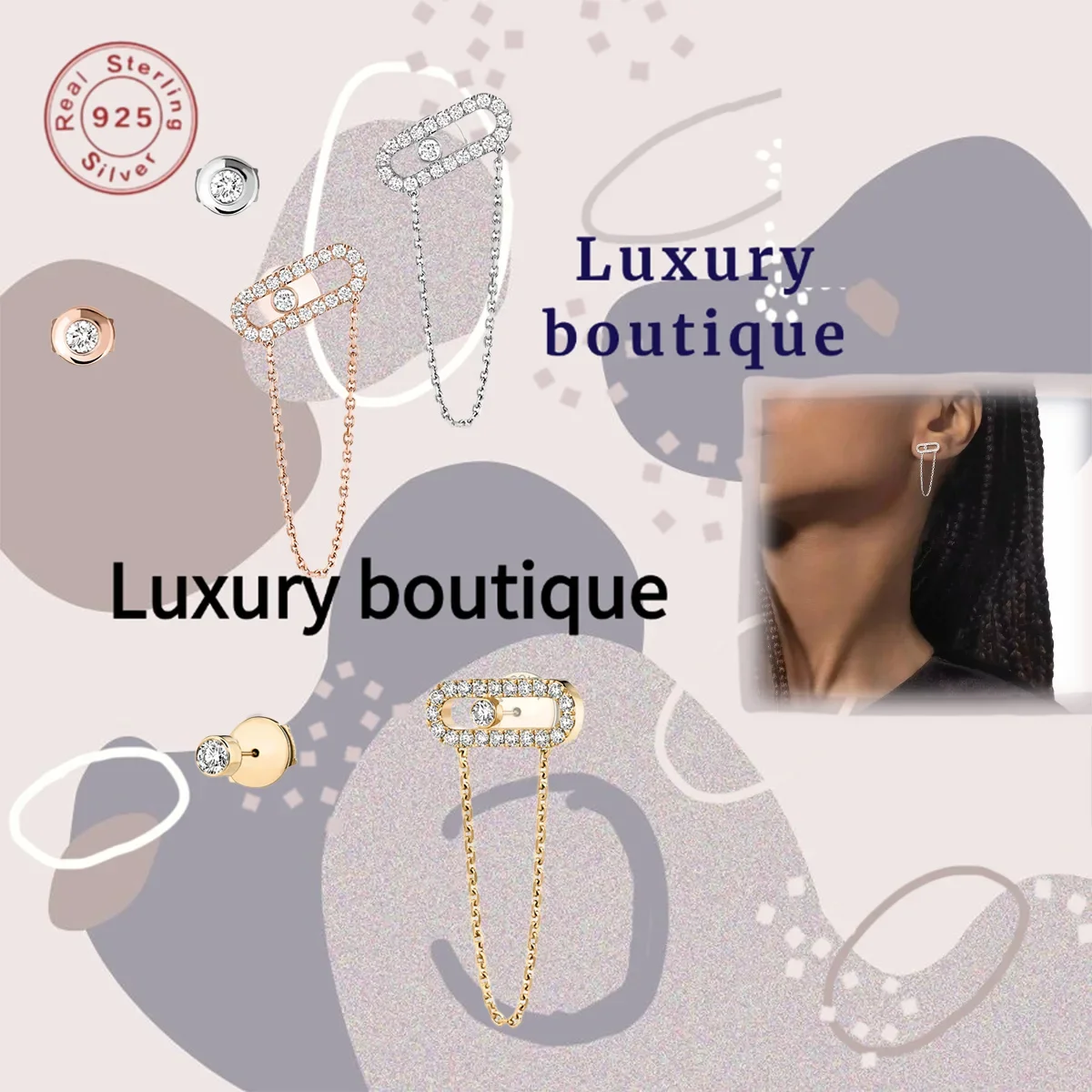 

Pure silver S925 earrings with diamond studded ring chain design for noble women's Valentine's Day limited edition