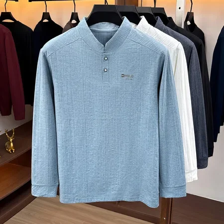 Men Stand Collar Long Sleeve Henley Shirt Textured Fabric Two Button Placket Embroidery Detail Daily Casual Top