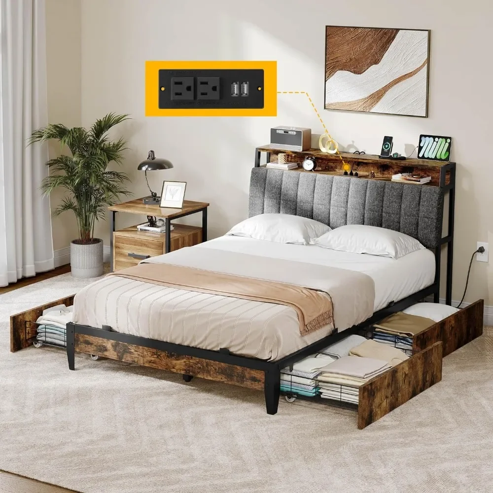 Full Size Bedframe, Gestoffeerd Platform Bedframe Met Laadstation/4 Laden, Opberghoofdeinde Metalen Frame Houten Latten