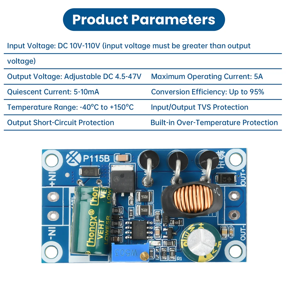 10-110V auf 4,5-47V 5A DC-DC Abwärtswandler-Modul mit Einstellbarer Ausgangsspannung und Geringer Welligkeit – Detail 10
