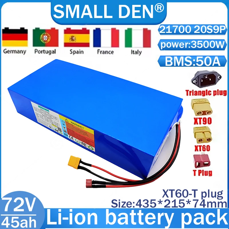 New 72V 45AH lithium battery pack with built-in BMS 20S9P 21700, suitable for 10-3500W motor rechargeable battery pack, tax-free