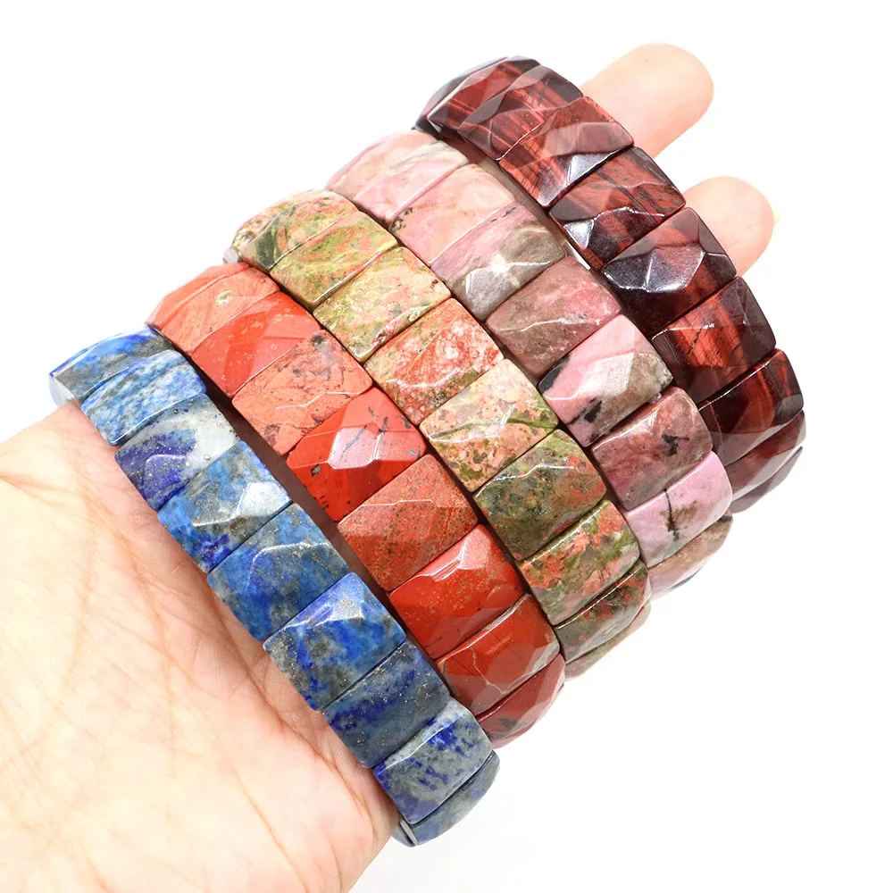 Natural Stone Rectangle Beads Strand Bracelet Amethyst Rose Quartz Healing Crystal Elastic Bangle for Women Men Gem Jewelry Gift