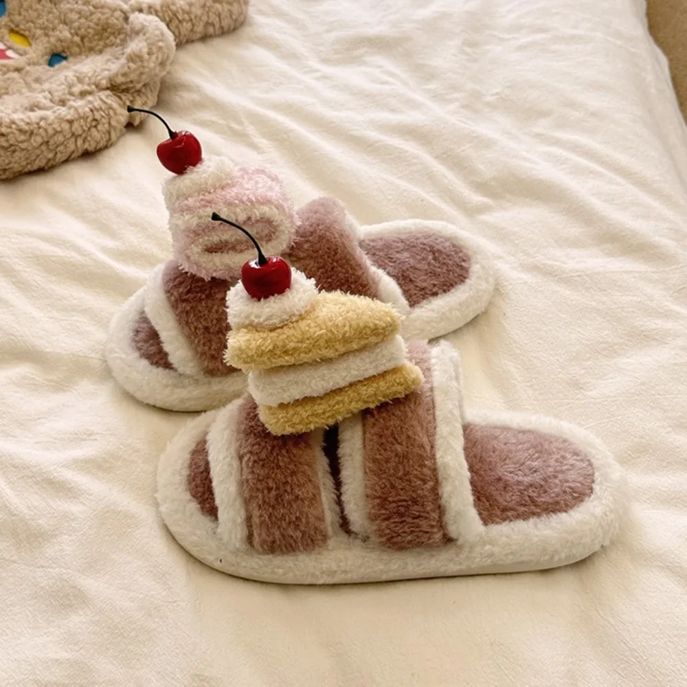 

Kawaii 3D Cute Cherry Cake Cake Winter Plush Slippers Open-toe Anti Slip Warm Fur Slippers Furry Cartoon Y2K Cat Slippers Women