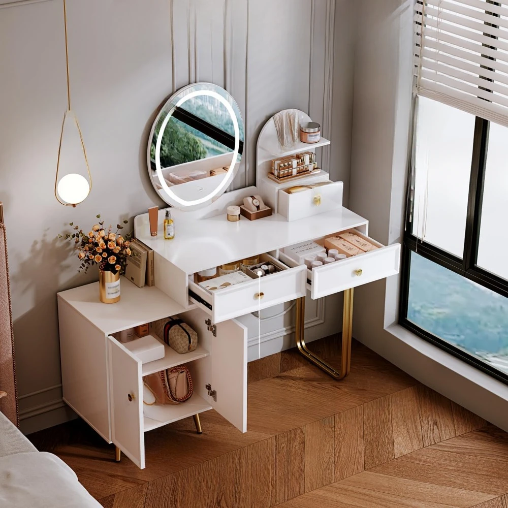 

%a White Modern Vanity Desk,Retractable Makeup Vanity,with LDE Mirror and 2 Spacious Drawers,Makeup Desk with Cabinet,