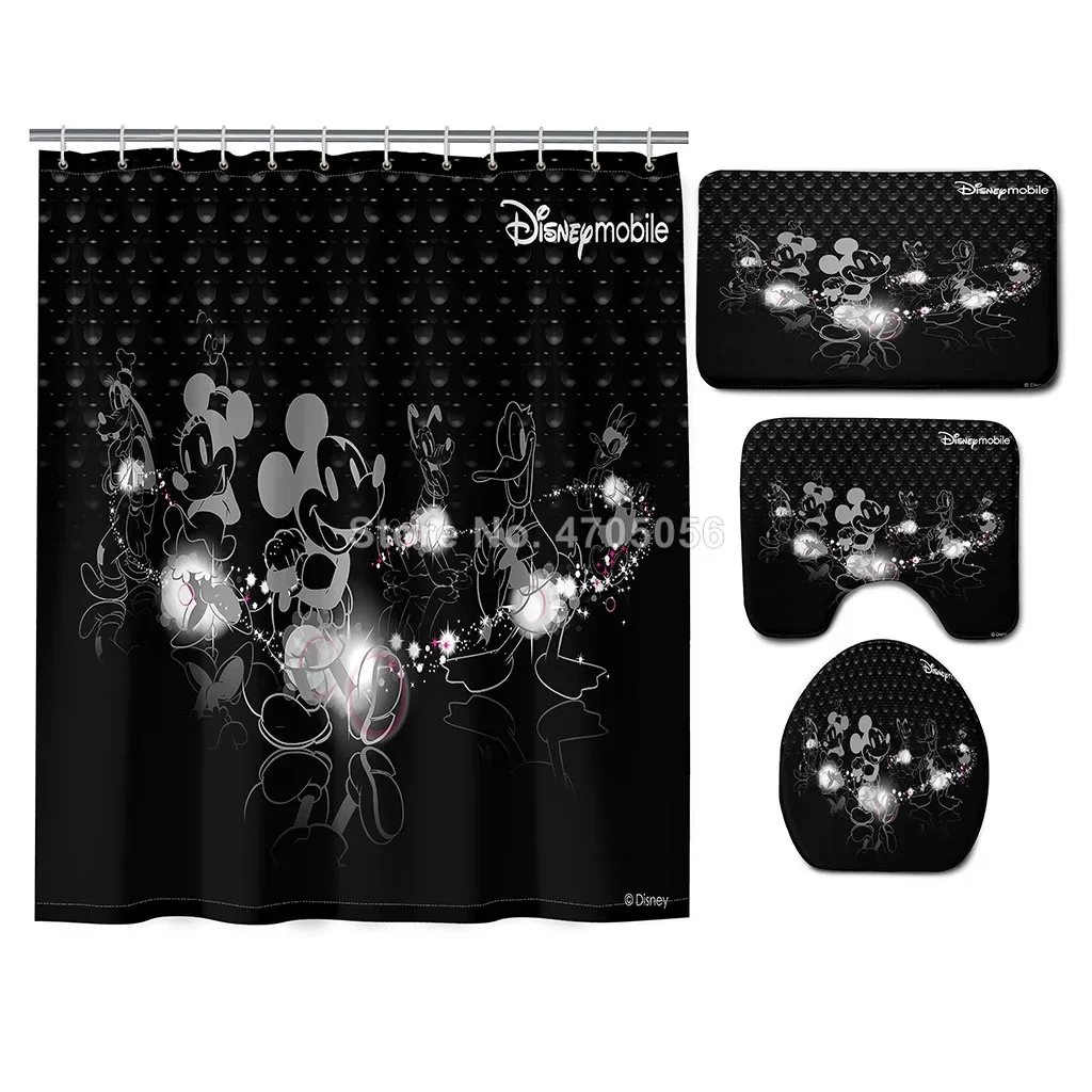 3D Mickey Mouse Print Bathroom Sets Cartoon Black Shower Curtain with 12 Hooks Pedestal Rug Lid Toilet Cover Bath Mat Set