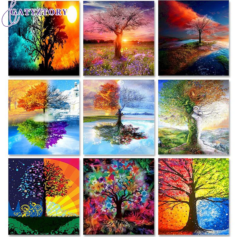 

Painting By Numbers Kits Four Season Trees DIY 60x75cm Oil Drawing By Numbers On Canvas Scenery Frameless Home Decor