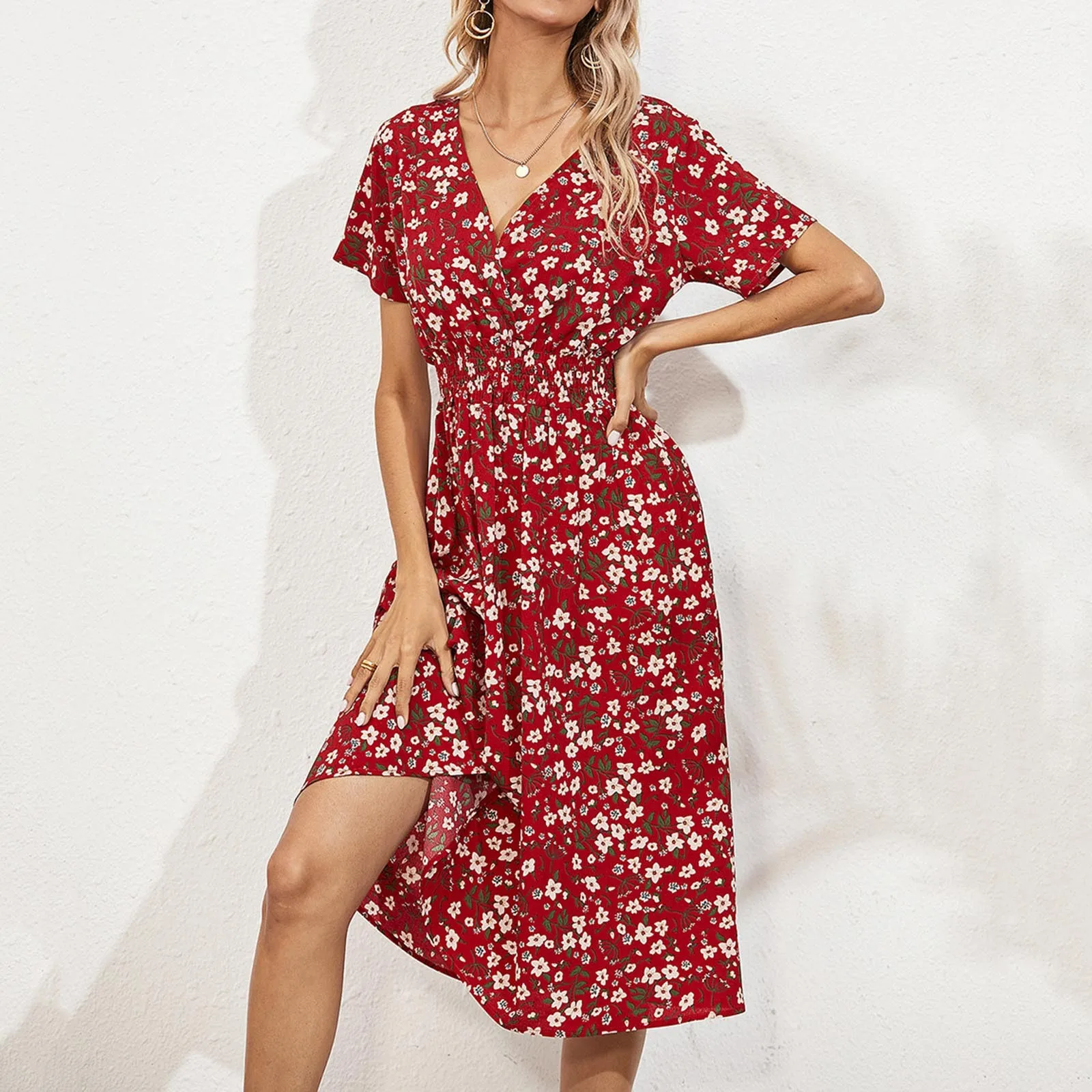 Chiffon Dress Summer Dress 2024 Retro Red Floral Print Female Casual V-neck Short-sleeved A-line Beach Long Robe Dress