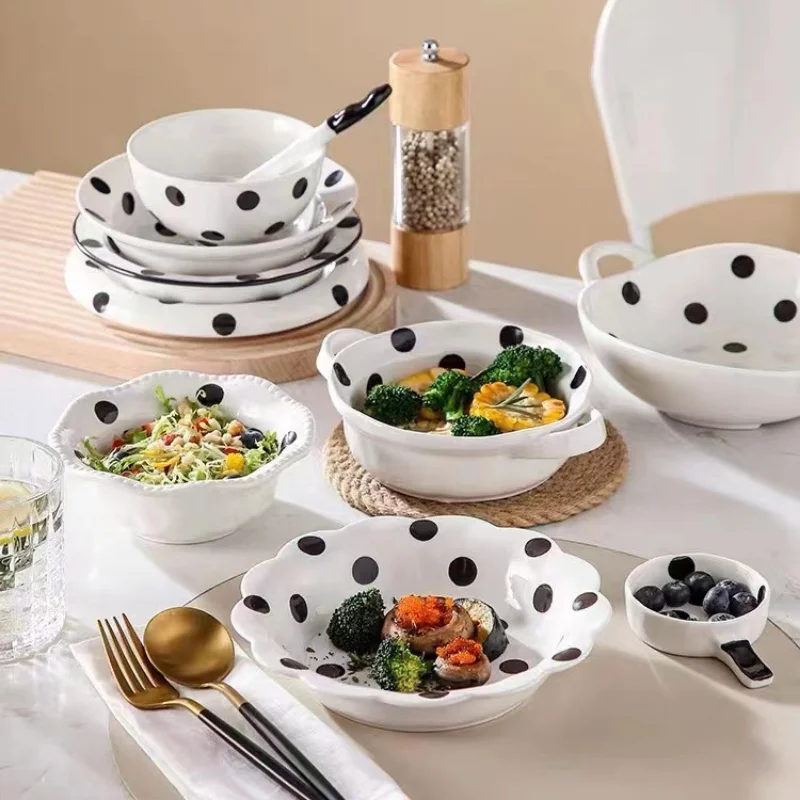 Creative Black Polka Dot Ceramic Dinner Plate Salad Bowl Home Breakfast Bowl Hotel Cooking Dish Porcelain Plate Kitchen Utensils