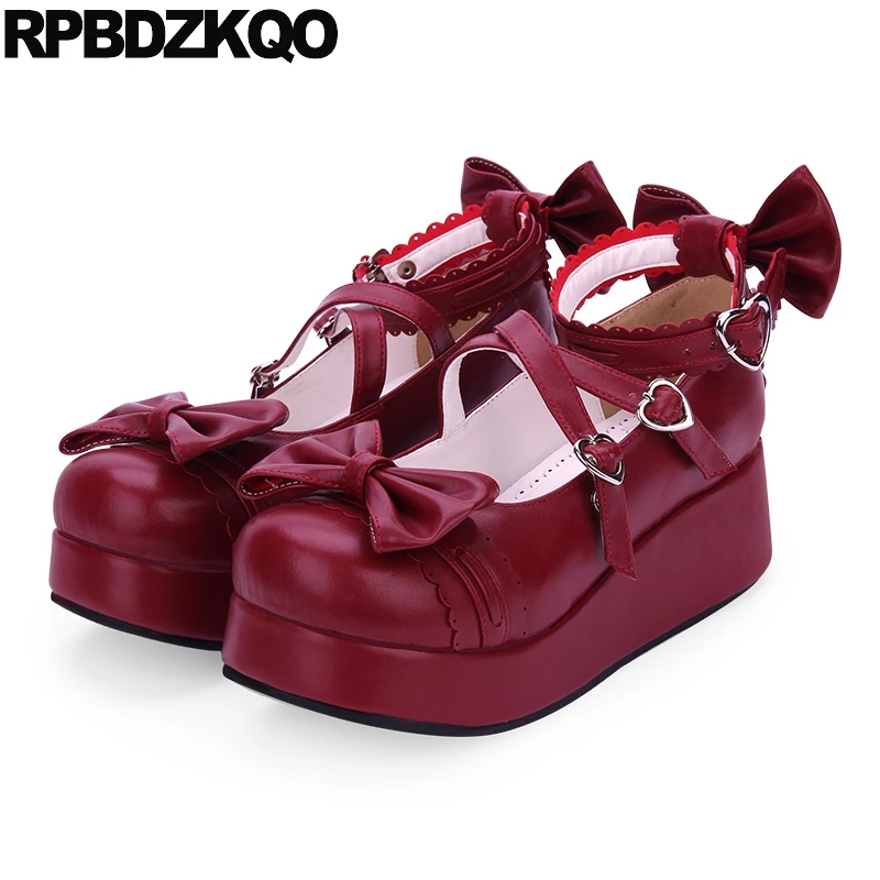 

Platform Shoes 46 Medium Heel Women Pumps Wedges Heart Large Size Mary Jane Bowknot Lolita Ankle Strap Round Toe Patent Leather