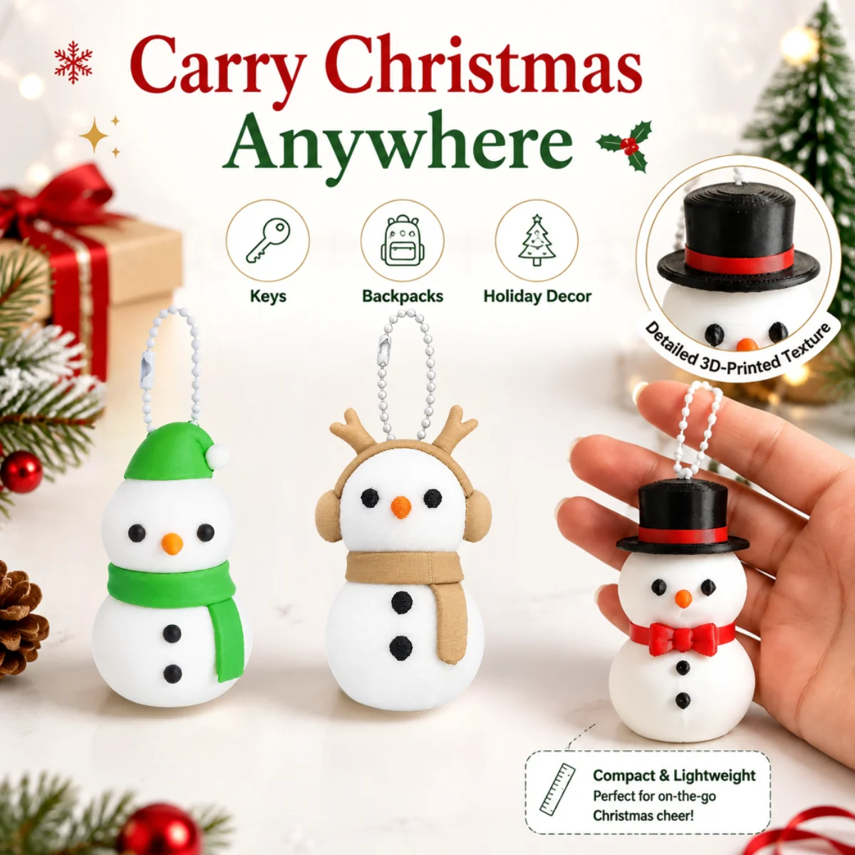1Pc Festive Snowman Decor,3D Printed Eco‑Friendly PLA,Exquisite Christmas Style,Keychain Bag Accessory Tabletop Display Ornament