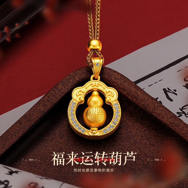 

New Chinese Style 9999 24K Real Gold National Point Diamond Gourd Ruyi Pendant Micro Inlaid Rotating Fortune Gourd Necklace