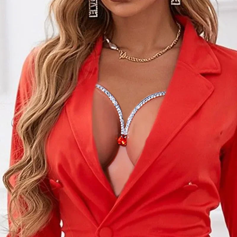 Sexy Red Crystal Chest Bracket Chain Harness for Women Gift Festival Accessories Rhinestone Bikini Bra Chain Rave Jewelry
