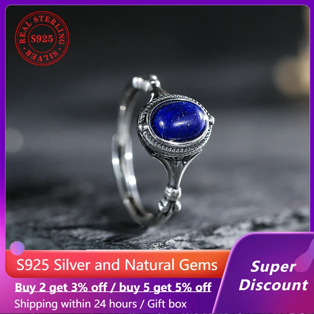 New S925 Silver Ring Natural Mineral Blue Lapis Stone Men's Ring Exquisite Jewelry Couple Women's Ring Party Accessories Gift