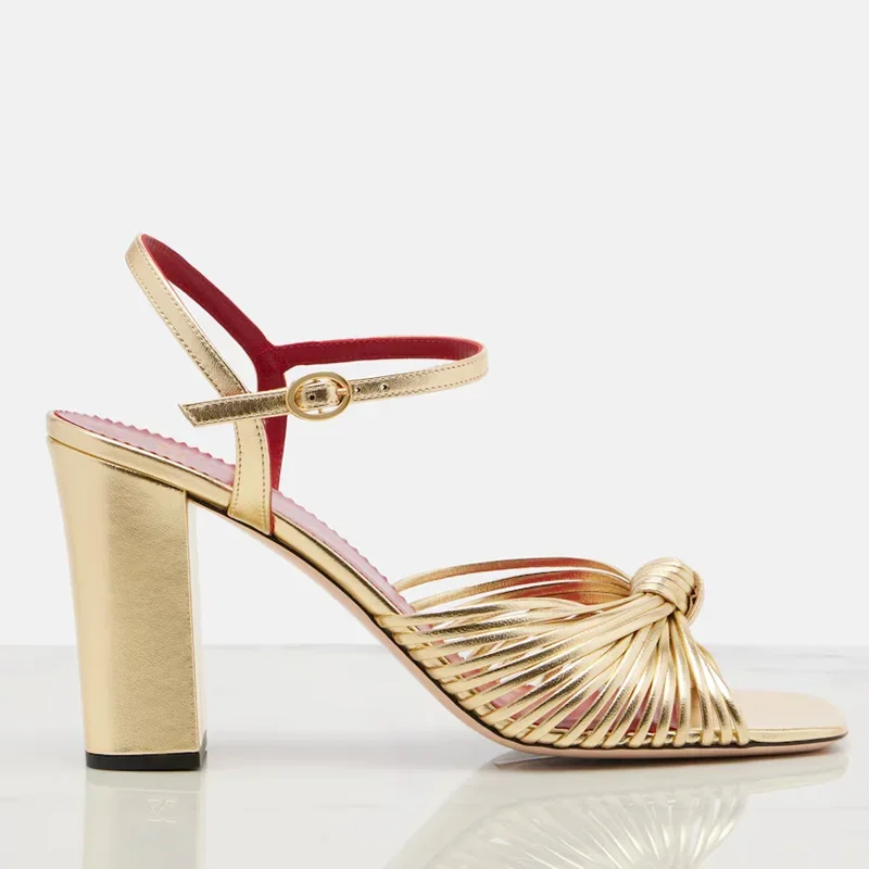 Gold Narrow Band Leather Sandals Sexy Square Toe Squar Heel Shingback Accept Customized New Arrivals Fashion Women Modern Shoes