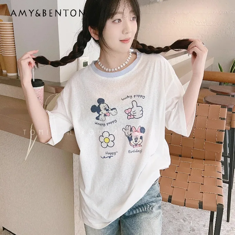 

Women's Clothing 2025 Summer Contrasting Color Y2k Tees Crew Neck Cartoon Versatile Age-reducing Short-sleeved T-shirt Pullovers