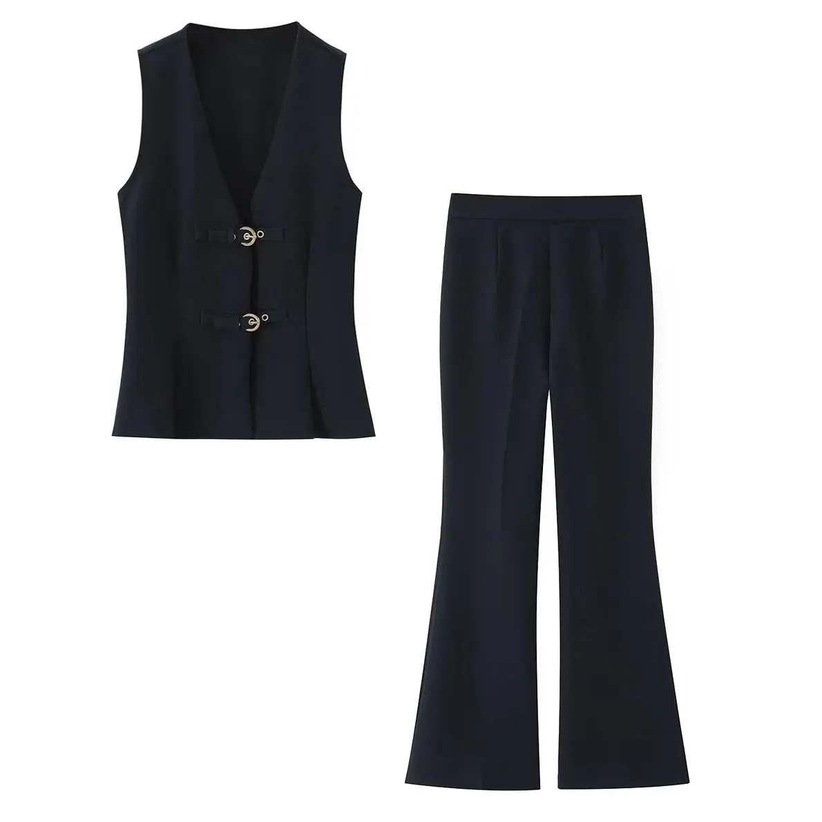 

KONDALA Vintage Black Casual Fashion 2025 Woman Suit Chic Button V-Neck Slim Vest+Zipper Flare Long Pants Elegant Chic Mujer Set