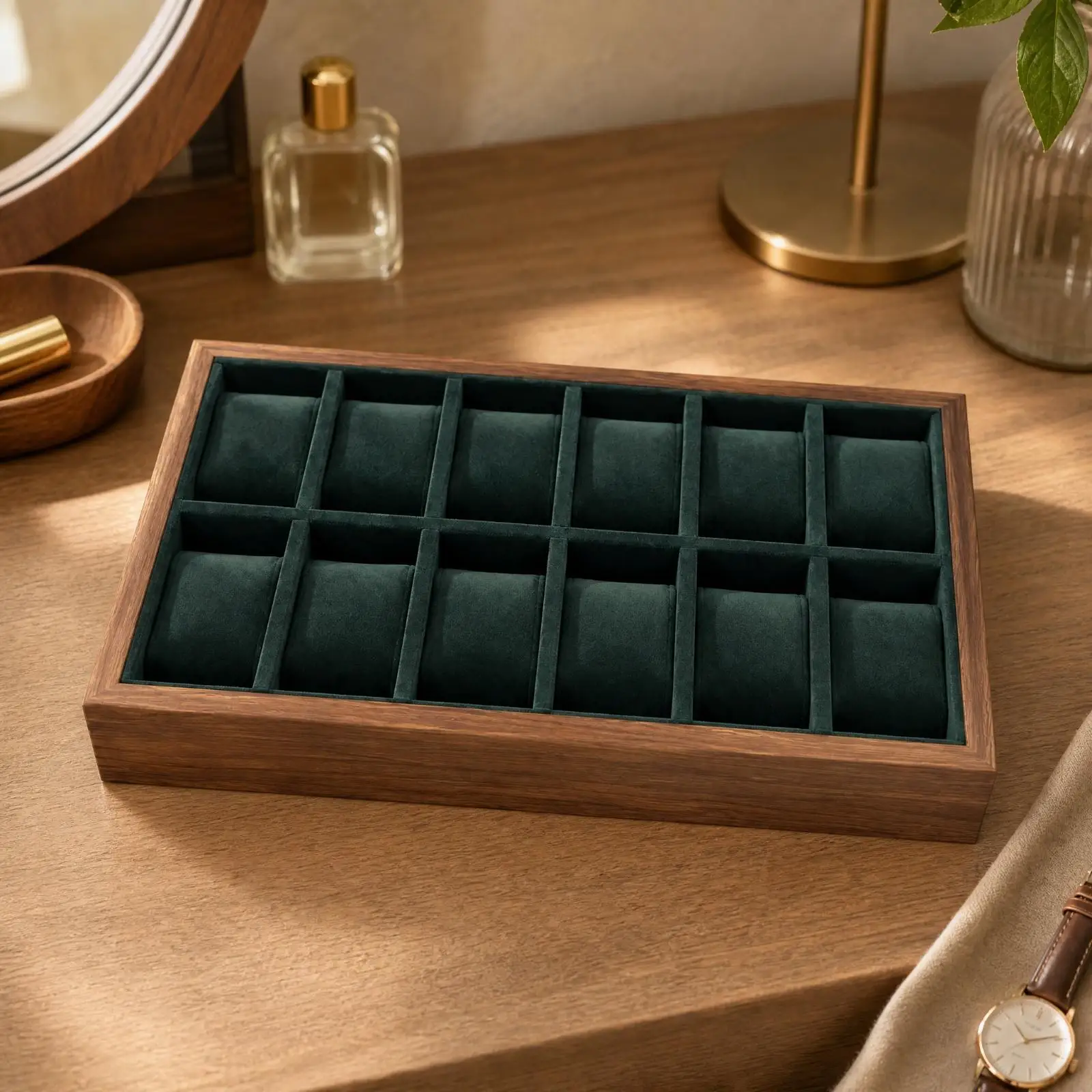 Leather Walnut Jewelry Display Tray for Watch Enthusiasts Storage Organizer with Scratch Resistant Interior
