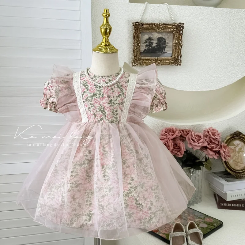 

ZLXZ-Girls' Floral Princess Dress Summer2024New Children's Puff Sleeve Skirt Baby Girl Fashionable Dress