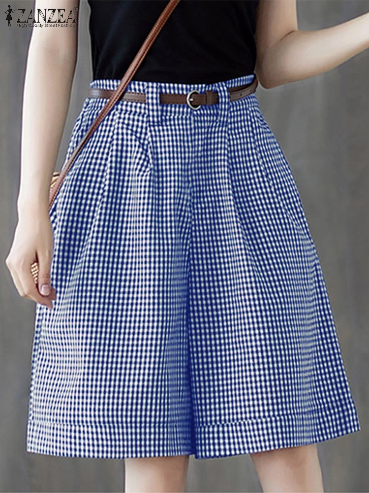 ZANZEA Woman Casual High Waist Gingham Shorts 2025 Summer Loose Checked Wide-Leg Shorts Day Wear Commuting Knee-Length Pants