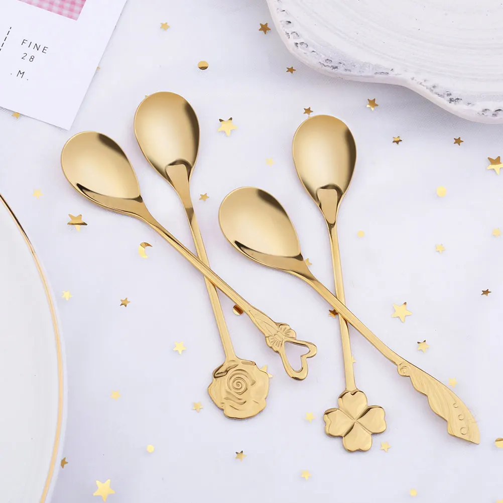 

4pcs Stainless Steel Coffee Long Handle For Coffee Tea Dessert Ice Cream Practical Household Kitchen Spoons Light Luxurious