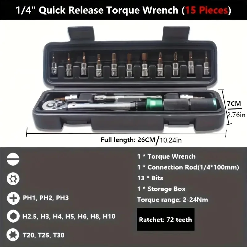 Wrench Set, 1/ 4'' Drive 2-24N.m Precise Double Scale Torque Wrench Set, Mountain Bike Socket Spanner, Bicycle Motorcycle Car