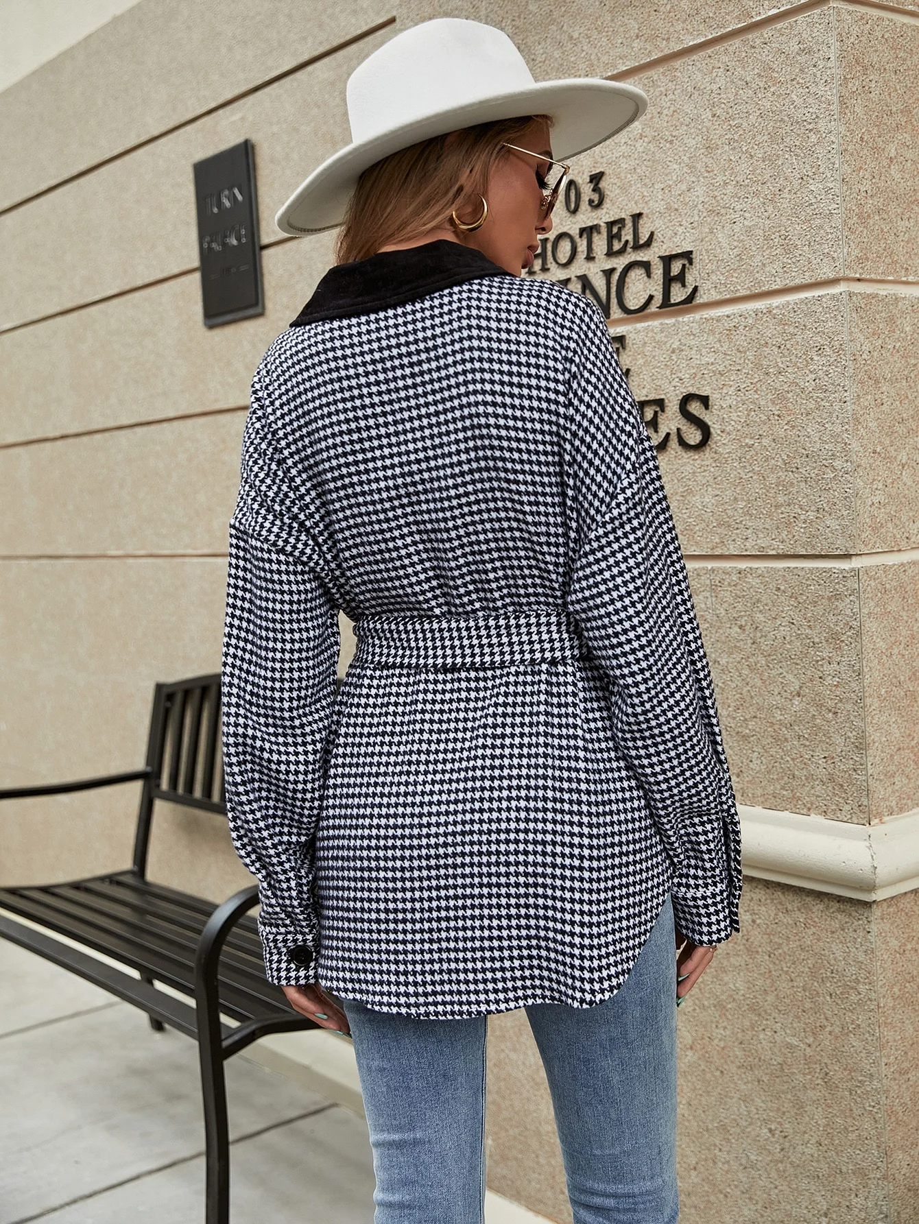 Women's winter woollen coat collision color thousand bird plagged material long coat small fragrance wind single breasted waist