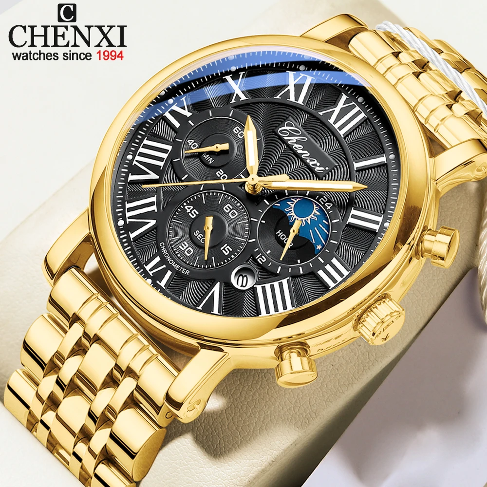 

CHENXI Classic Business Quartz Watch Men Waterproof Chronograph Date Moon Phase Luminous Wristwatch Male Clock Relogio Masculino