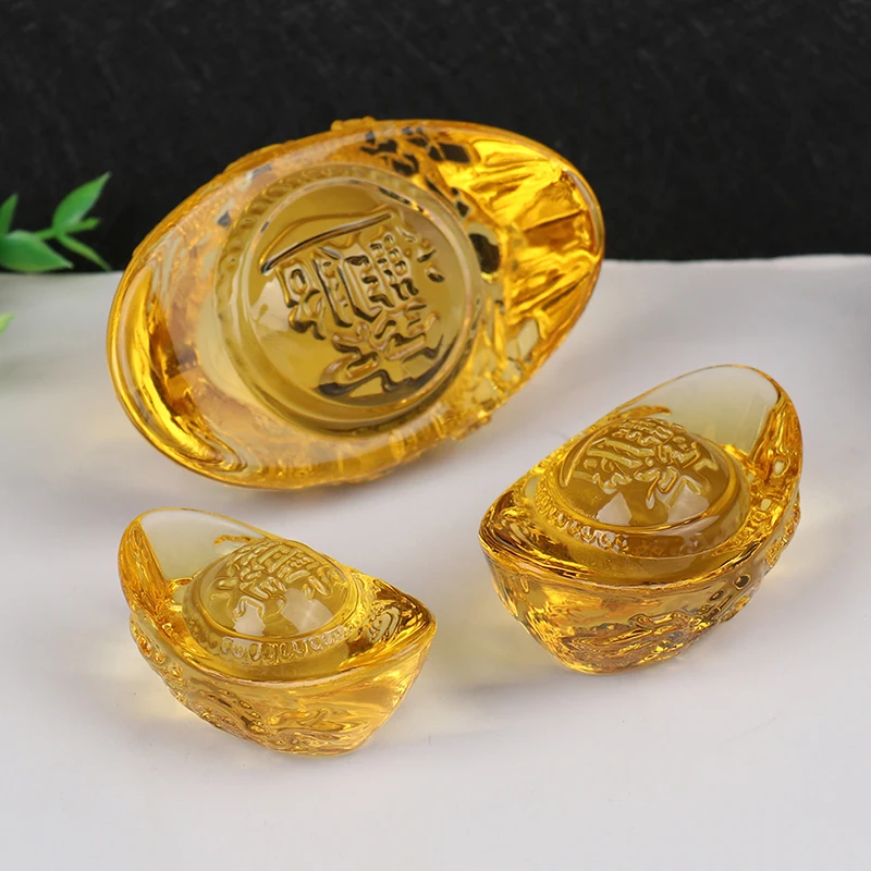 1PC Chinese Style Citrine Ingot Gold Crystal Glass Colored Glaze Wealth Money Feng Shui Craft Figurines Home Decor