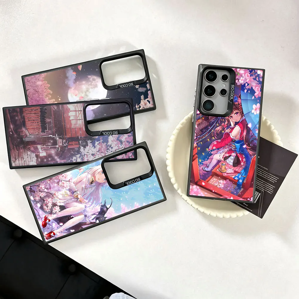 Case For Samsung Galaxy S26 S24 S25 Edge S22 S21 Plus S23 Ultra S20 FE Black Phone Cover Japanese Anime Plum Cherry Blossom Girl