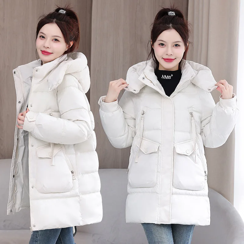 Jaket parka wanita lapis katun, jaket parka musim dingin, mantel bertudung panjang setengah, mantel berlapis kasual longgar wanita