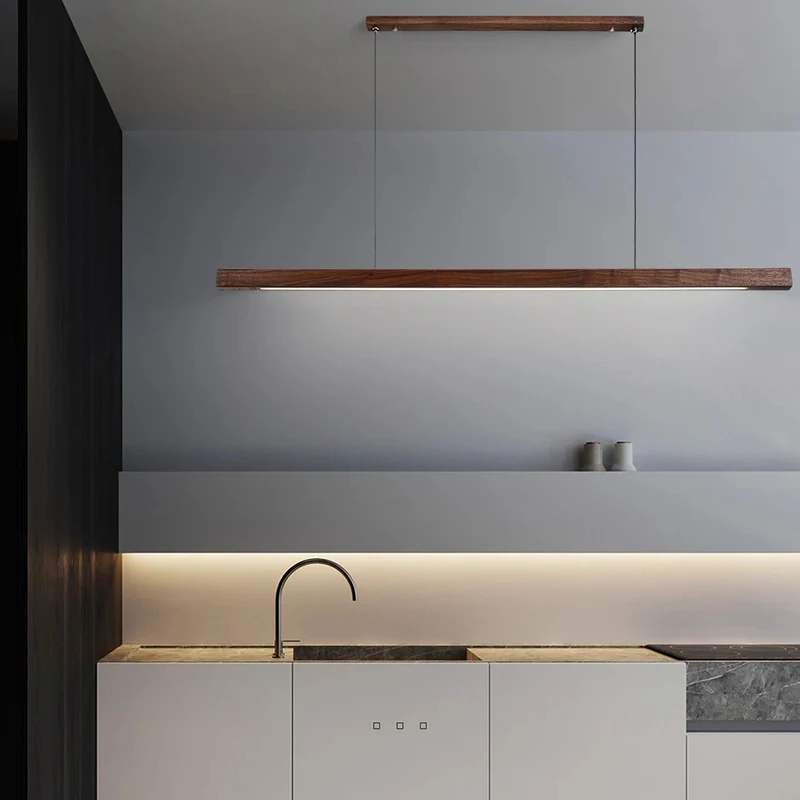 Modern Simple Pendant Lights Wooden Long Linear Hanging Lamp Table LED Light Kitchen Island Lighting Dining Living Room Office